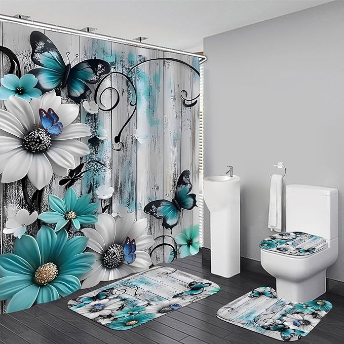 AZHM Relief Daisies and Butterflies Shower Curtain Set 4pcs Rustic Farmhouse Bathroom Decor Set with Shower Curtain and Rugs and Accessories