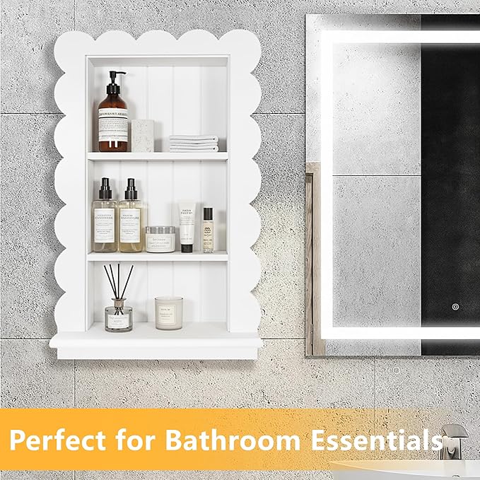 Royxen Bathroom Wall Cabinet with 3-Tier Shelves,Wooden Recessed Medicine Cabinet Over Toilet Storage Cabinet,Scalloped Large Medicine Cabinet Niche for Bathroom Storage Organizer,18 x 24 Inch, White