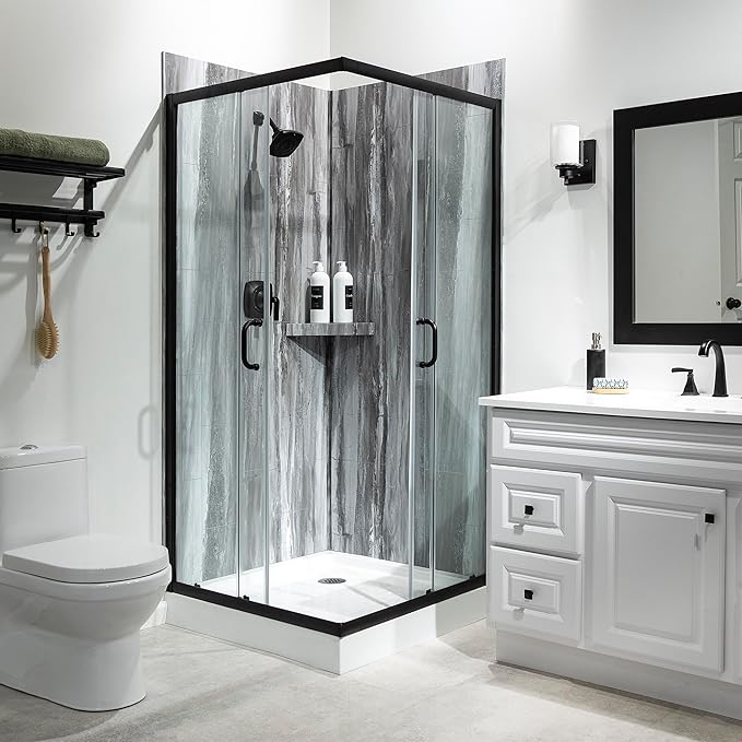 Palisade Vinyl Waterproof Corner Shower Shelf in Hermitage Granite/Urban Cliff
