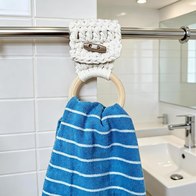 Aerbee Macrame Towel Holder Ring, 3PCS Kitchen Towel Hooks for Kitchen & Bathroom, Decorative Boho Style Kitchen Oven Towel Hanger Woodren Loop Ring, Suitable for Home Kitchen Bathroom, White