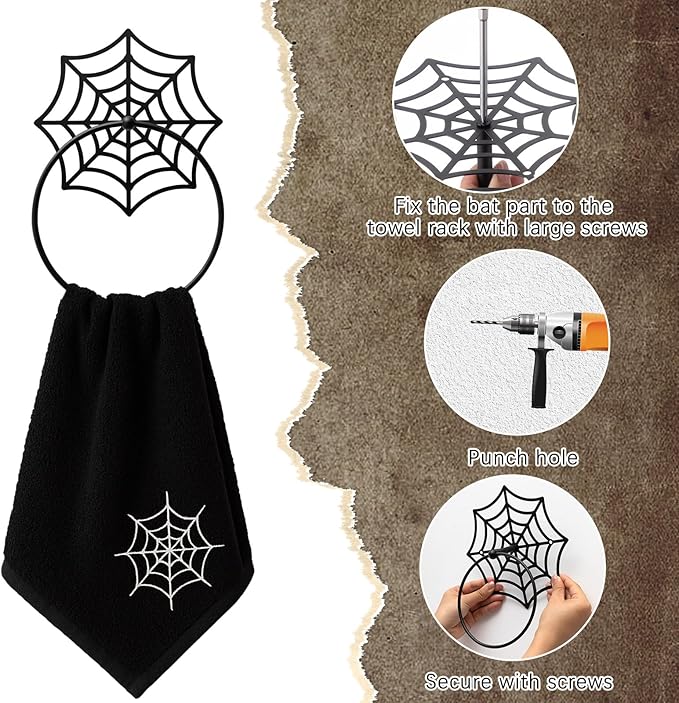 2Pcs Gothic Cobweb Metal Towel Rings Halloween Cobweb Towel Holder Oil Rubbed Bath Towels Ring Black Art Hand Towels Rack for Bathroom Kitchen Hanger Home Decors Gifts