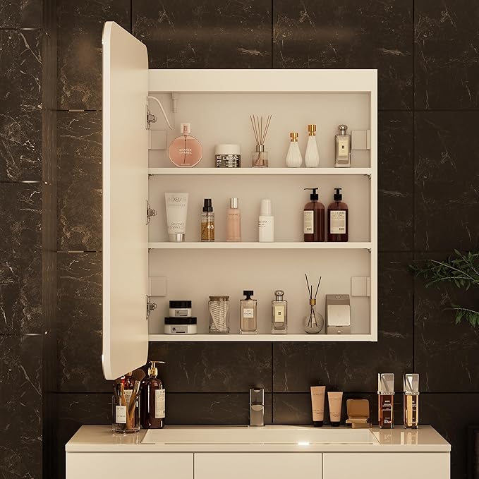 32x24 inch LED Lighted Bathroom Medicine Mirror Cabinet with Sockets & USBs, Anti-Fog Dimmable Light and Color Adjustment, Adjustable Shelves, Flat-Pack Design – Assembly Required