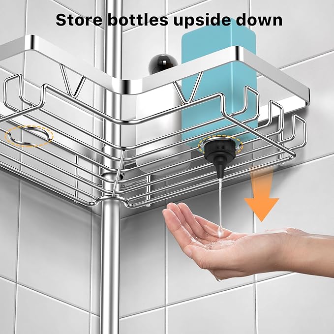 KEGII 6-Tier Corner Shower Caddy Tension Pole, Adjustable Shower Tension Rod Organizer, Floor to Ceiling Shower Caddy 25-114.2 inch, Silver