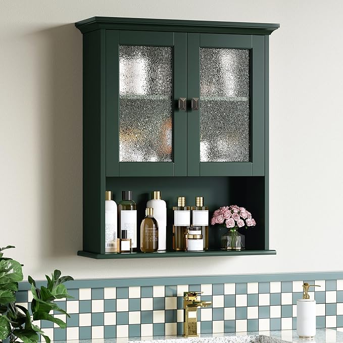 Bathroom Cabinet Wall Mount, Medicine Cabinet Over Toilet Storage Cabinet with Glass Door Build-in Spirit Level Cupboard Hanging Storage for Bathroom Laundry Kitchen Living Room (Forest Green)