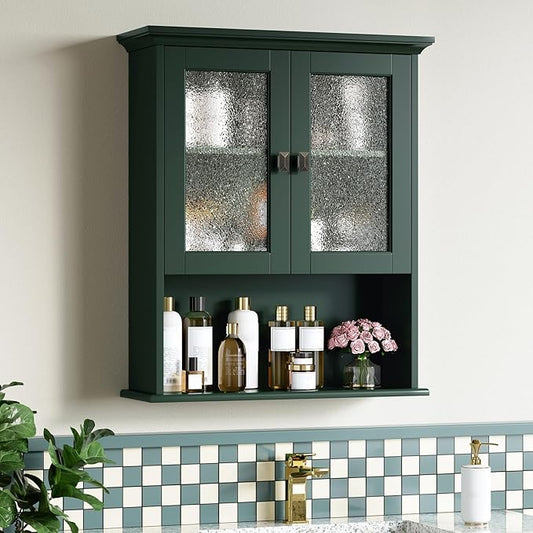 Bathroom Cabinet Wall Mount, Medicine Cabinet Over Toilet Storage Cabinet with Glass Door Build-in Spirit Level Cupboard Hanging Storage for Bathroom Laundry Kitchen Living Room (Forest Green)