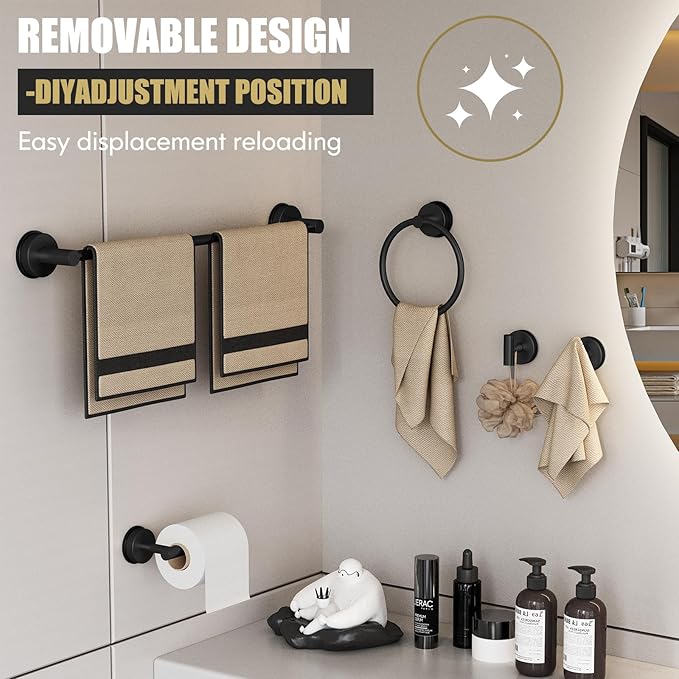 Matte Black Suction Cup Bathroom Accessories Set,Towel Racks for Bathroom,5 Piece Bathroom Hardware Set Restroom Accessories,Includes 24 inch Towel Bar,Towel Ring,Toilet Paper holder,Suction Cup Hooks