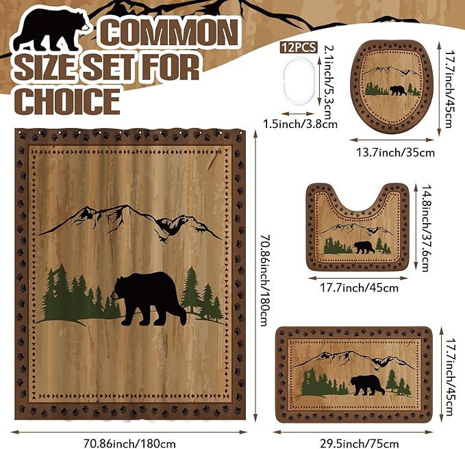 Drydiet 4 Pcs Bear Shower Curtain Set Rustic Cabin Bathroom Decor Farmhouse Waterproof Bear Shower Curtain with Non Slip Rug Toilet Lid Cover Bath Mat and 12 Hooks for Bathroom Decor 71 x 71 Inch