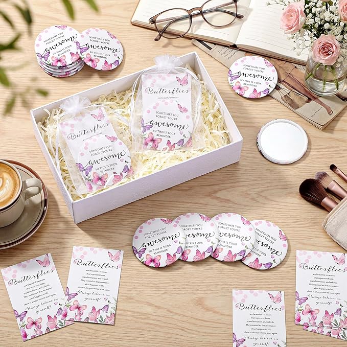 25 Set Mother's Day Inspirational Compact Mirror Religious Bulk Gift for Women Christian Mini Makeup Pocket Mirror Administrative Professional Gift with Card for Volunteer Employee Teacher (Butterfly)