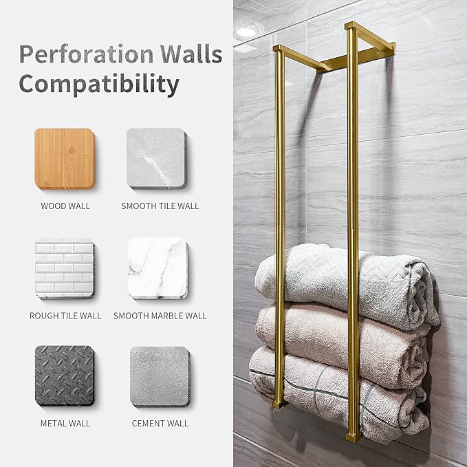 Towel Racks for Bathroom, Gold Towel Holder for Rolled Towels, 304 Stainless Steel Towel Rack for Rolled Towels, Bathroom Towel Holder for Modern Small Space Bathroom Towel Storage, Gold