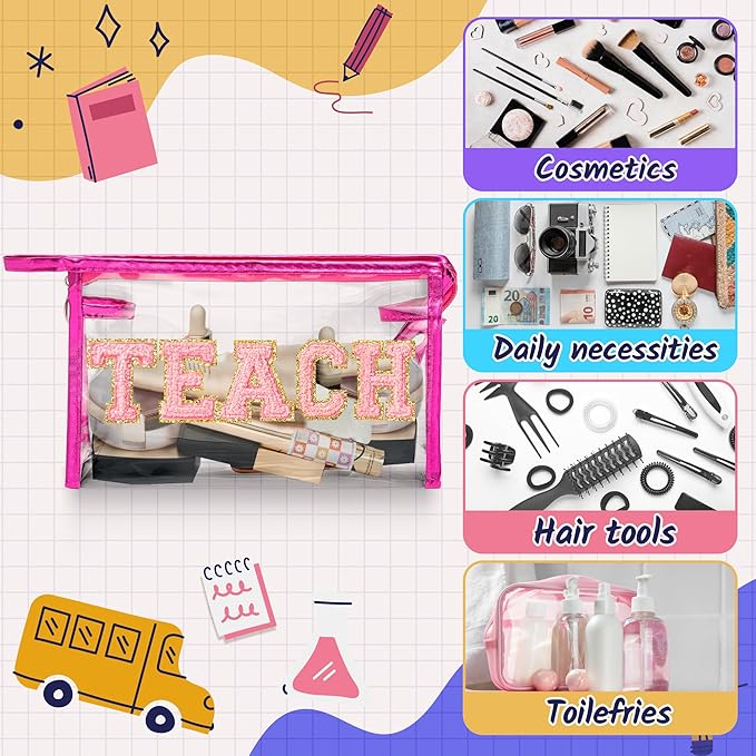 CY2SIDE TEACH Clear Makeup Bag - Pink TEACH Letter Patch Cosmetic Bag with Handle for Travel PVC Zipper Clear Toiletries Waterproof Portable Travel Organizer Teacher Appreciation Gifts, Rose
