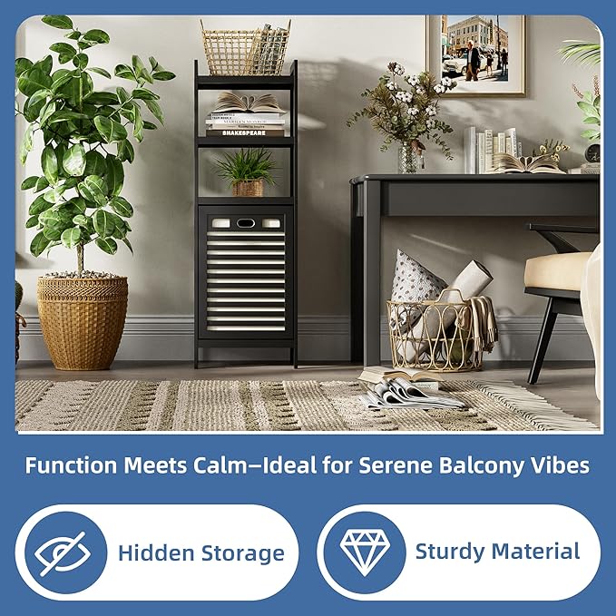 HITNET Tilt Out Laundry Hamper, Bamboo Bathroom Cabinet with Pull Out Removable Bag and 3 Tier Storage Shelves, 10 Gal Clothes Basket with Metal Handle, Black