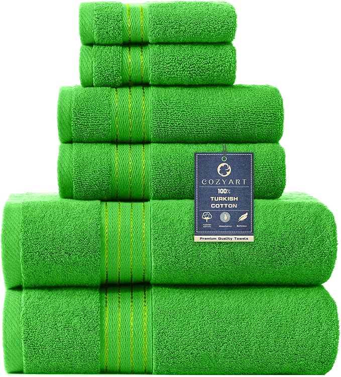COZYART Spring Green Bath Towels for Bathroom 6 Pcs, Turkish Cotton Bath Towel Set Super Soft Highly Absorbent Durable 650 GSM Shower Towels for Daily Use