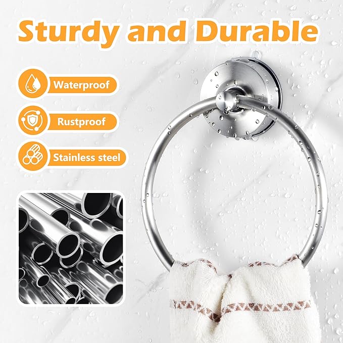 YOHOM Suction Cup Towel Ring Hand Towel Holder for Bathroom Vacuum Suction Washcloth Holder Dish Towel Hanger for Shower Wall No Drill Stainless Steel Brushed Finish, 2 PCS