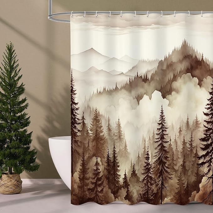 Brown Misty Pine Forest Shower Curtain, Tan Mountain Foggy Woodland Scenery Tree Shower Curtains for Chic Rustic Bathroom, Abstract Modern Waterproof Nature-Themed Decor, 72x72 Inches