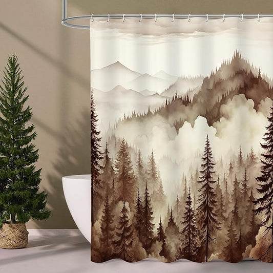 Brown Misty Pine Forest Shower Curtain, Tan Mountain Foggy Woodland Scenery Tree Shower Curtains for Chic Rustic Bathroom, Abstract Modern Waterproof Nature-Themed Decor, 72x72 Inches
