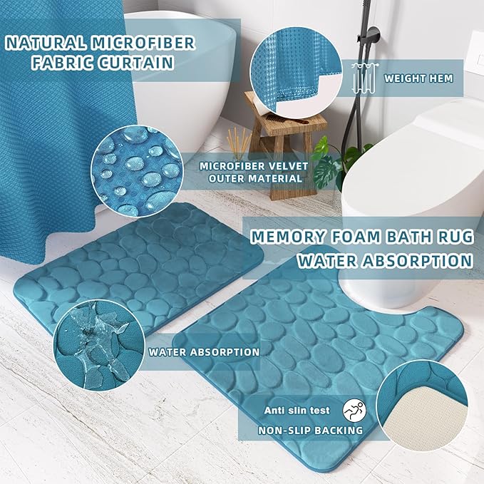 XLHOMO Bathroom Accessories Set - 26PC Gorgeous Teal Bathroom Set, Bathroom Accessory Set, Shower Curtain Set with Bathtub Mats for Shower Tub, Trash Can & Soap Dispenser