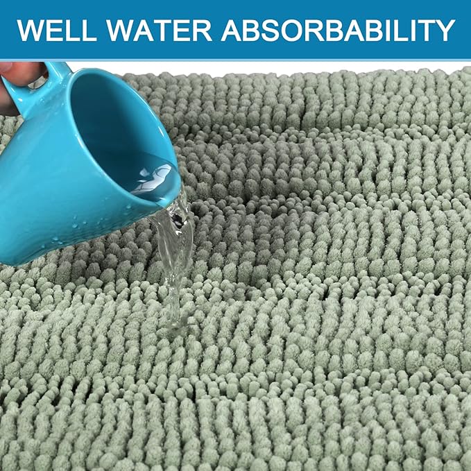 H.VERSAILTEX Bath Rugs for Bathroom Non Slip Bath Mats Extra Thick Chenille Striped Rug 20" x 32" Absorbent Non Skid Fluffy Soft Shaggy Washable Dry Fast Plush Mat for Indoor, Bath Room, Tub - Sage