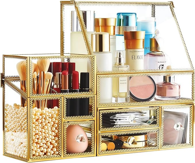 Hersoo Luxury Stackable Glass Cosmetic Organizer 3-Piece Set-Durable,Premium Shatterproof Vanity Storage,Artisan-Design for High-End Bathroom&Makeup Counter Decor(gold)