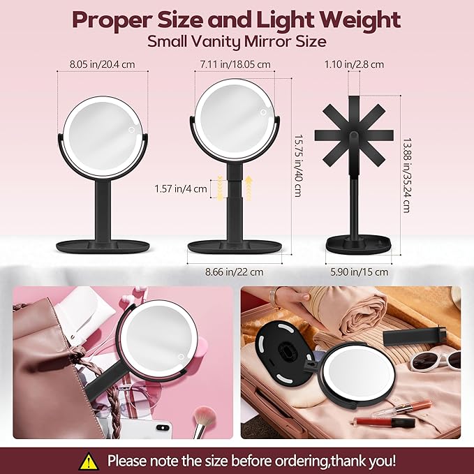 MOMOKUBA Makeup Mirror with Lights, 30X Magnifying & Height Adjustable, Lighted Magnifying Mirror with 3 Light Modes and Stepless Dimming, Vanity Mirrors for Bathroom, Birthday Gift for Women, Black