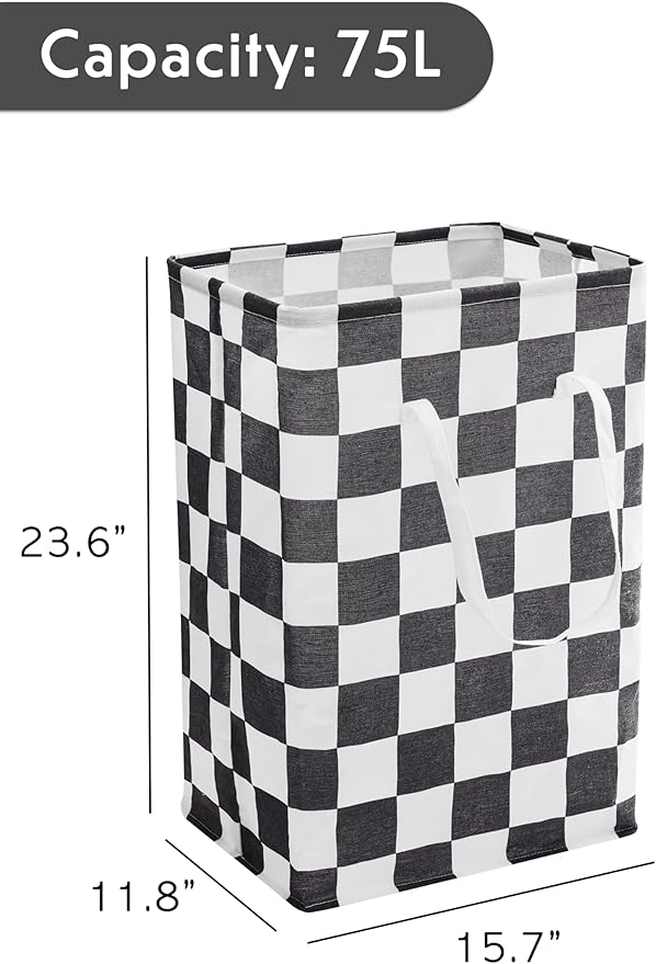 Ohocut Checkered Laundry Hamper, Pack of 2, Large Black White Aesthetic Collapsible Cloth Hampers Basket for Storage Organization Cute Race Cars Boy Room Decor, 2 x 75L