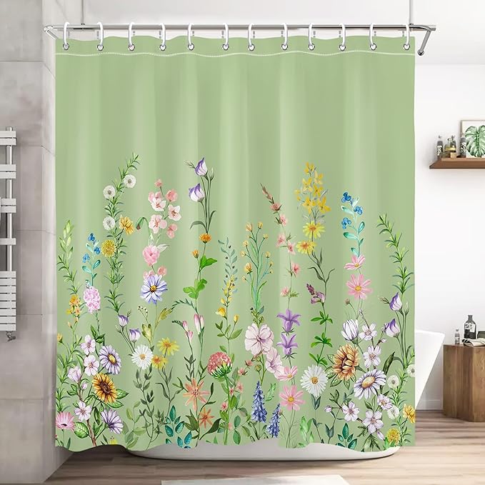 Green Floral Pretty Shower Curtain Flower Wildflower Bathroom Shower Curtain Set Boho Cute Shower Curtains Cloth Fabric Shower Curtain