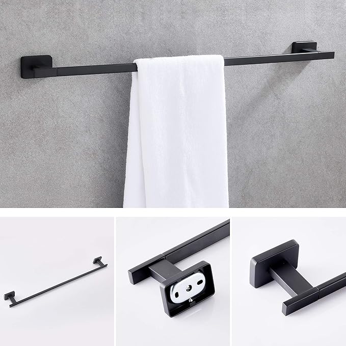 GERUIKE 4 Piece Bathroom Hardware Accessories Set,Matt Black Stainless Steel Towel Bar Sets Wall Mounted - Includes 16" Towel Bar, Square Towel Ring, Toilet Paper Holder, Robe Towel Hook