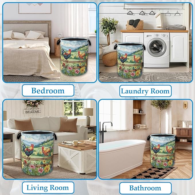 Rooster Laundry Hamper Farm Floral Laundry Basket Collapsible Portable Clothes Toy Storage Bin for Bathroom Bedroom Room Decor 16 X 20.8 Inch