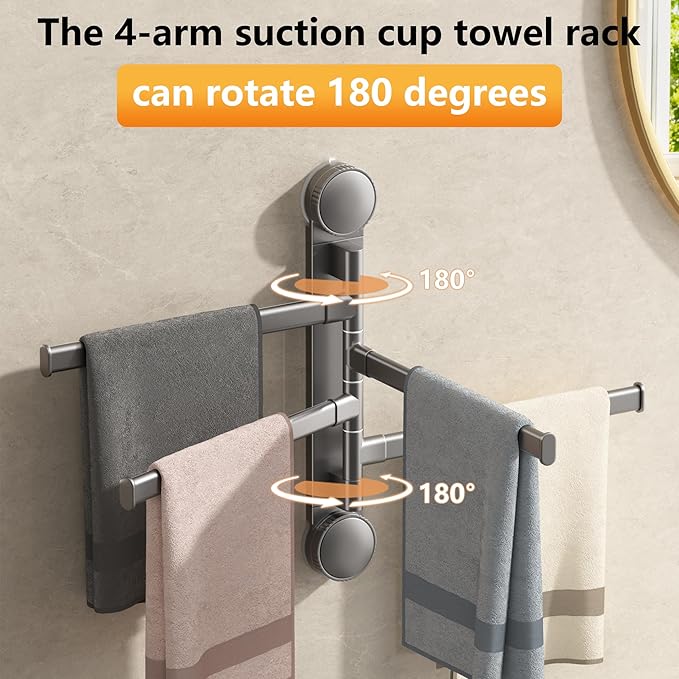 Aluminum 4-Arm Towel Bar - Suction Cup Towel Rack, Swing Out Rustproof Towel Racks for Bathroom & Kitchen, Space Saving