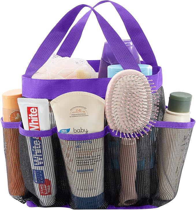 Lifewit Mesh Shower Caddy Portable for College Dorm Room Essentials with 7 Pockets, Freestanding Hanging Organizer Basket, Quick Dry Tote Bag for Camping, Bathroom, Beach, Travel, 1 Pack, Purple