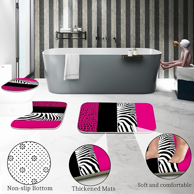 Poedist 4 Pcs Bathroom Shower Curtain Set,Rosy Leopard Print Shower Curtain Bright Style Shower Curtain Sets with Rugs(Bath Mat,U Shape and Toilet Lid Cover Mat) and 12 Hooks
