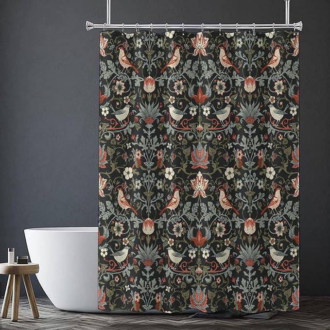 Boho Shower Curtain William Morris Art Print Retro Bird Plant Natural Flower Pattern Print Shower Curtains 72""×78"" Inch, Style-2
