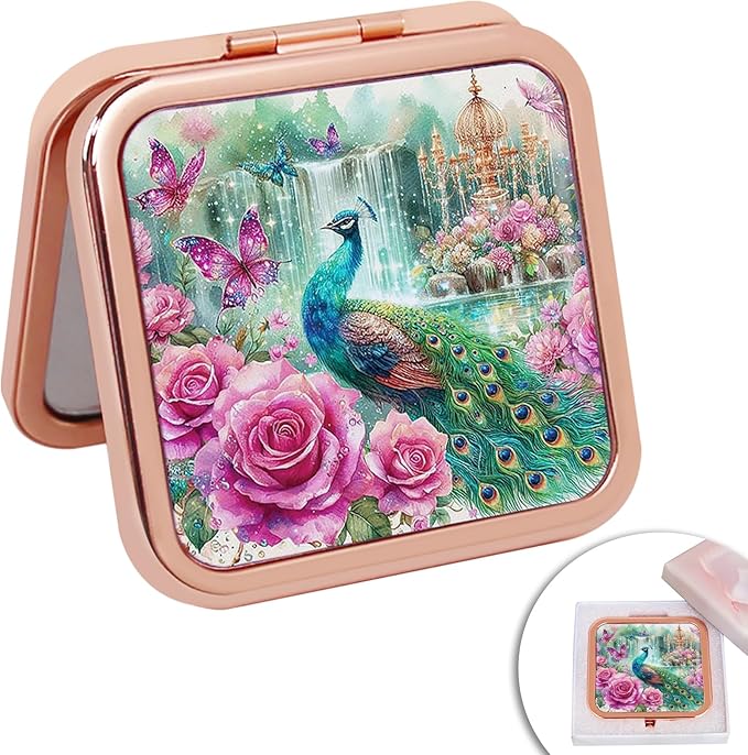 Small Compact Magnifying Mirror for Travel - Handheld, Foldable & Lightweight - Mini Pocket-Sized Magnified Mirror for Purse Rose Gold Peacock