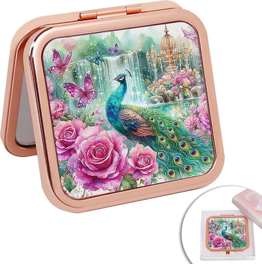 Small Compact Magnifying Mirror for Travel - Handheld, Foldable & Lightweight - Mini Pocket-Sized Magnified Mirror for Purse Rose Gold Peacock