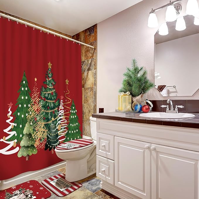 Drydiet 4 Pcs Christmas Shower Curtain Set Bathroom Decoration Non Slip Rugs Mat Toilet Lid Cover Shower Curtain for Xmas Holiday Farmhouse Home Bathroom Decor(Red Christmas)