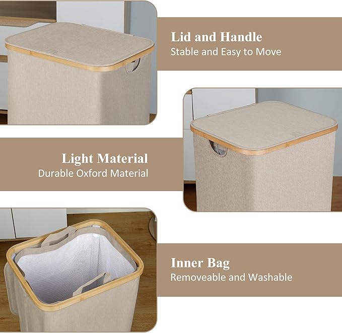 Laundry Basket with Lid, Large Laundry Hamper with Handle and Lid, Collapsible Clothes Basket Organizer with Removable Inner Bag for Clothes Toys Towels (Oatmeal, 110L)