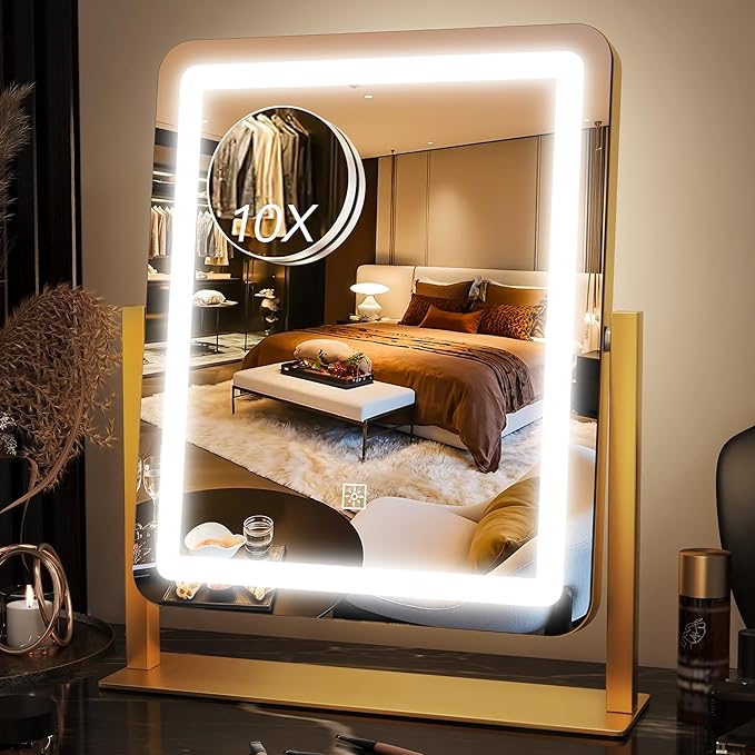 15" x13" Vanity Mirror with Lights, LED Makeup Mirror with Lights, 10X Magnification Mirror with 360°Rotation, 3 Color Modes ＆ Dimmables,Light up Makeup Mirror for Vanity Desk, Travel,Gold