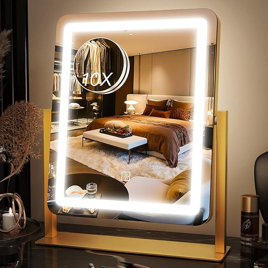 15" x13" Vanity Mirror with Lights, LED Makeup Mirror with Lights, 10X Magnification Mirror with 360°Rotation, 3 Color Modes ＆ Dimmables,Light up Makeup Mirror for Vanity Desk, Travel,Gold