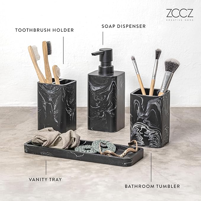 ZCCZ Bathroom Accessories Set, 4-Piece with Soap Dispenser, Toothbrush Holder, Tumbler, and Soap Dish for Modern Bath Décor, Elegant and Durable Design for Home or Office Bathrooms (Black Marble Look)