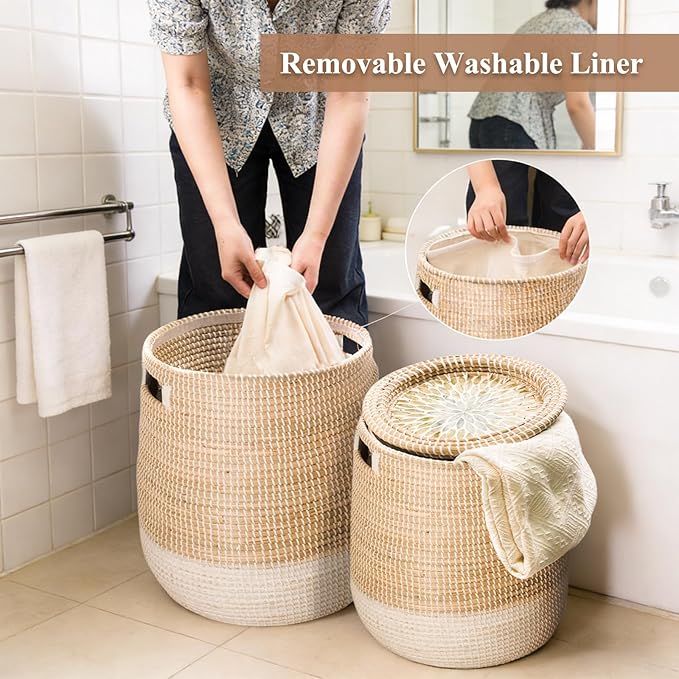 Laundry Hamper Basket with Lid - 2 Pack Natural Seagrass Handmade Storage Hamper, Removable Washable Liner, Storage Basket for Clothes Toys, Decorative Organizer for Bedroom, Bathroom, Living Room