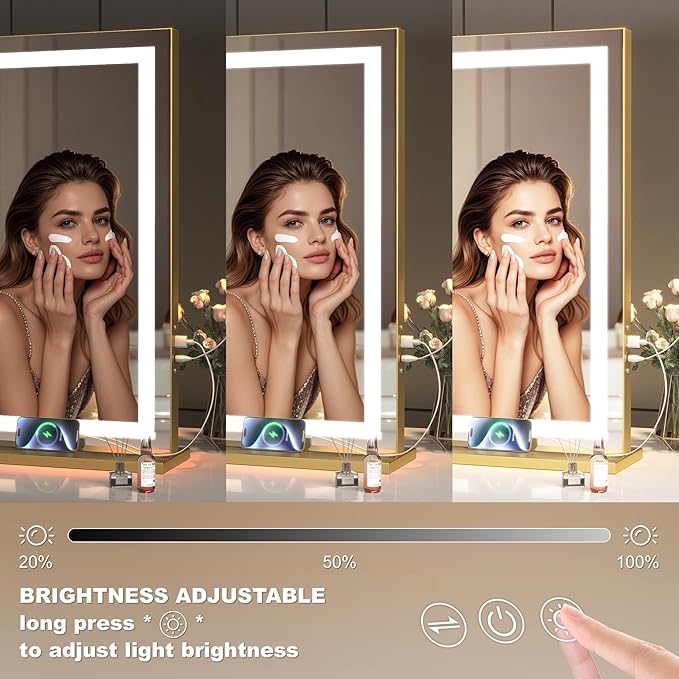 Hasipu Vanity Mirror with Lights, 32" x 24" LED Makeup Mirror, Lighted Makeup Mirror with Dimmable 3 Modes, Touch Screen Control Vanity Mirror Square Gold
