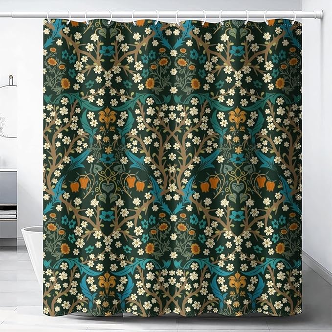 Mid Century Vintage Daisy Fabric Shower Curtain,Green Garden Flower William Morris Abstract Art Hotel Quality,Machine Washable,72L x66W for Bathroom.