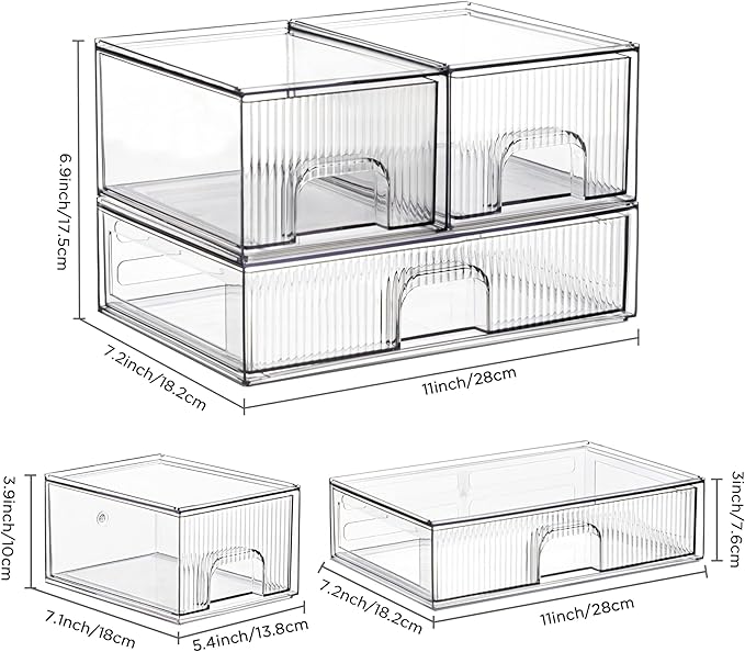 Clear Stackable Desk Storage Drawers, 3 Pack Acrylic Bathroom Makeup Organizers, Easily Assemble All Purpose Plastic Bins for Brightroom, Pantry Organization, Vanity, Undersink, Cabinet