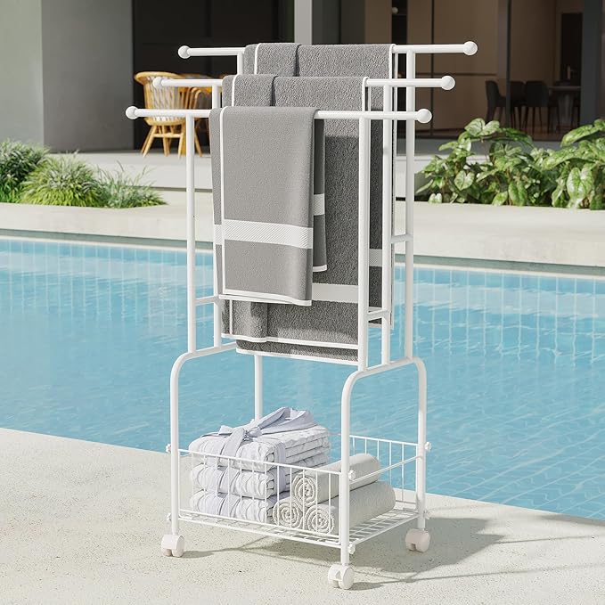 Towel Racks for Bathroom, 42" H 3-Tier Durable White Reinforced Alloy Stand with Wheels and Basket, Free Standing Towel Rack, Multi-Use Blanket Rack for Indoor/Outdoor Bathroom Display