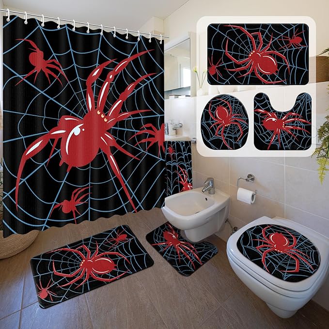 Nuanchu 6 Pcs Spider Shower Curtain Set with Rug Bathroom Sets with Shower Curtain Bath Mat U Shaped Mat Toilet Lid Cover 2 Bath Towels and 12 Hooks Spider Bathroom Decor
