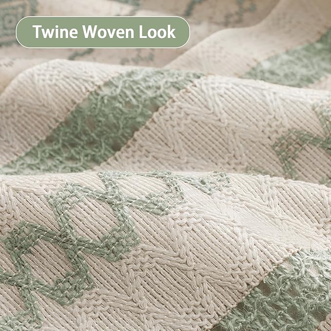 Sage Green Boho Shower Curtain for Bathroom, Linen Striped Print and Twine-Inspired Woven Center,72" W x 72" L