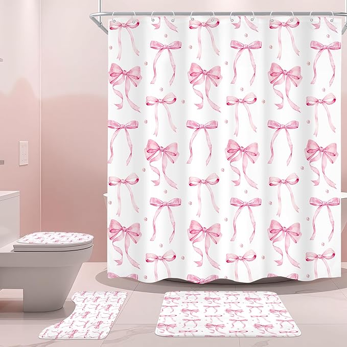 Cinbloo 4Pcs Pink Bow Shower Curtain Set, Retro Coquette Vintage Girly Preppy Cute Fashion Pretty Sweet Bathroom Curtain with Rug, Toilet Lid Cover, Bath Mat, Aesthetic Shower Curtain with 12 Hooks