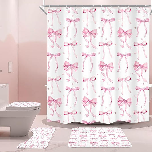 Cinbloo 4Pcs Pink Bow Shower Curtain Set, Retro Coquette Vintage Girly Preppy Cute Fashion Pretty Sweet Bathroom Curtain with Rug, Toilet Lid Cover, Bath Mat, Aesthetic Shower Curtain with 12 Hooks