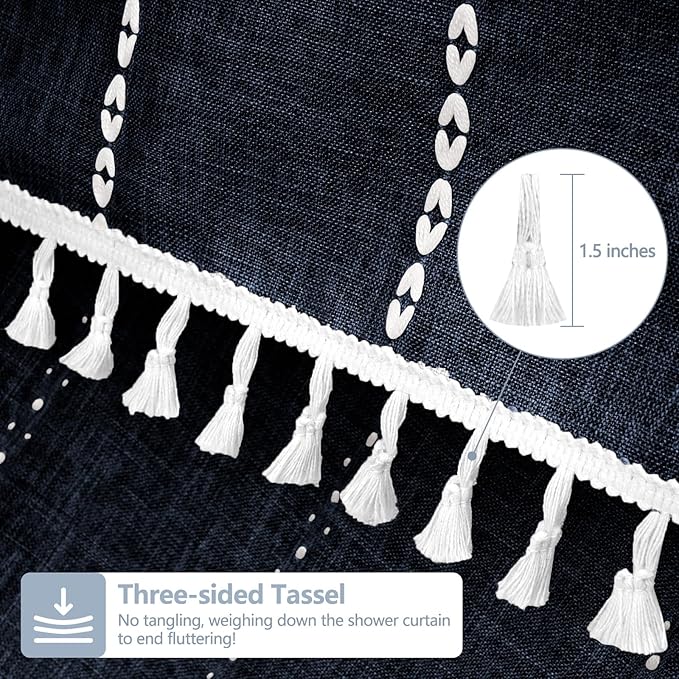 72 x 76 inch Extra Long Boho Chic Shower Curtain Heavyweight with Tassels, Navy Linen Textured Fabric Farmhouse Shower Curtain, Elegant White Striped Bathroom Curtain Water Repellent