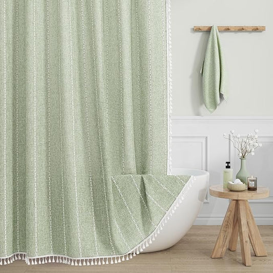 MitoVilla Sage Green Shower Curtain 72 x 78, Boho Farmhouse 78 inch Long Polyester Linen Tassel Ultra Thick Heavy Duty Fabric Shower Curtains for Chic Cottagecore French Rustic Bathroom Decor