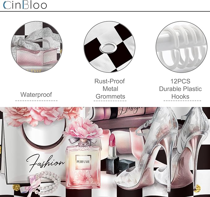 Cinbloo 4Pcs Black White Checkered Shower Curtain Set, Pink Fashion Flower Perfume High Heels Books Bathroom Curtain with Rug, Toilet Lid Cover, Bath Mat, Women Girl Shower Curtain with 12 Hooks